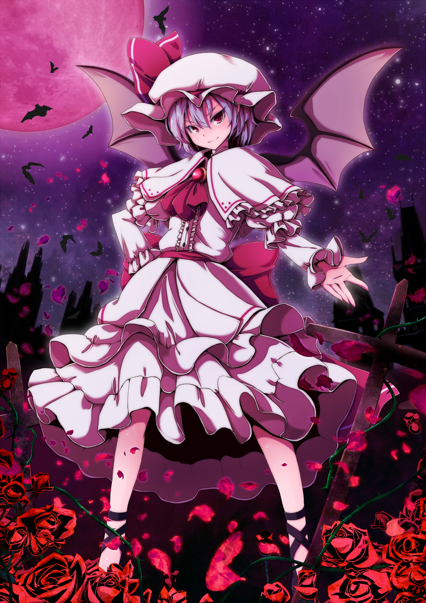 bat bat_wings flower hand_on_hip hat highres looking_at_viewer moon night night_sky nikka_(cryptomeria) outstretched_hand petals purple_hair red_eyes red_moon remilia_scarlet rose sky smile solo standing star_(sky) starry_sky thorns touhou wings