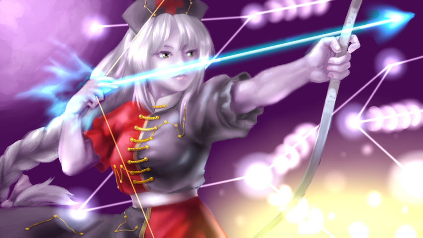 aiming arrow bow_(weapon) constellation drawing_bow dress expressionless fingernails full_moon glowing glowing_weapon green_eyes hat highres holding holding_arrow holding_bow_(weapon) holding_weapon kawahagi_modoki lips long_hair moon nurse_cap outstretched_arm puffy_short_sleeves puffy_sleeves purple_skin purple_sky short_sleeves silver_hair solo touhou upper_body very_long_hair weapon yagokoro_eirin