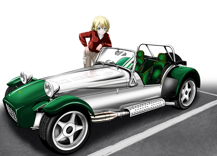 absurdres ascot blonde_hair blue_eyes car caterham caterham_7 darjeeling girls_und_panzer ground_vehicle hand_on_hip highres jacket leaning_forward looking_at_viewer motor_vehicle pants road short_hair solo white_background yoyokkun