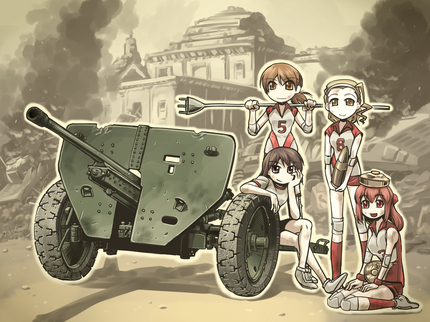 ammunition anti-tank_gun anti-tank_mine bike_shorts brown_eyes brown_hair cannon commentary_request elbow_pads explosive girls_und_panzer gym_shirt hair_pulled_back hairband hand_on_own_face highres holding isobe_noriko kawanishi_shinobu knee_pads kondou_taeko looking_at_viewer lunge_mine mine_(weapon) multiple_girls open_mouth r-ex red_legwear sasaki_akebi shirt shoes short_shorts shorts sitting sleeveless sleeveless_shirt smile socks sport sportswear standing tank_shell volleyball volleyball_uniform wariza