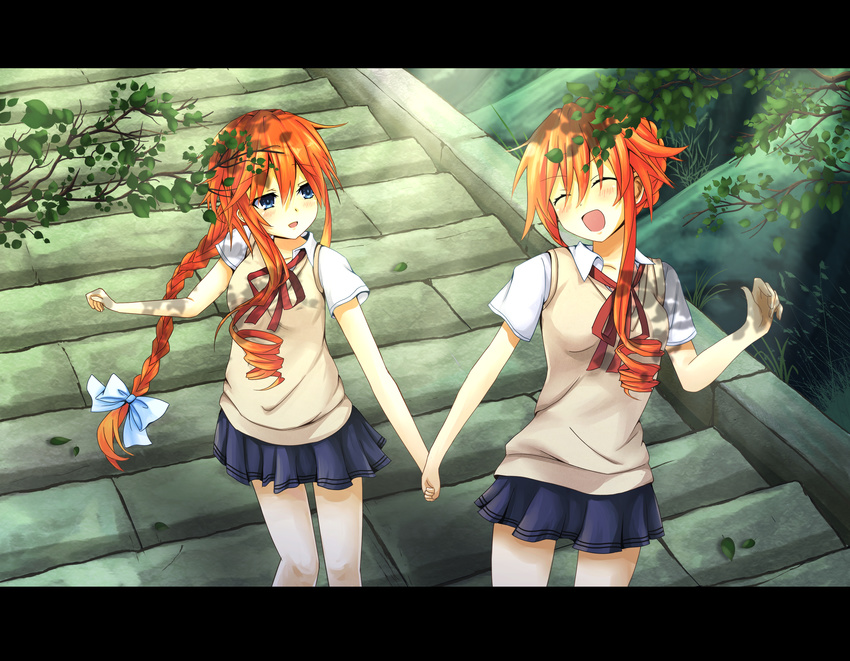 absurdres blue_eyes braid breasts cleavage date_a_live drill_hair guhua67 highres holding_hands letterboxed long_hair multiple_girls open_mouth orange_hair siblings sisters skirt smile stairs sunlight tree twins yamai_kaguya yamai_yuzuru