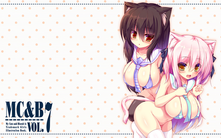 animal_ears aqua_neckwear bikini black_hair blue_bikini blush breasts cat_ears cat_tail cover covered_nipples hair_ribbon highres large_breasts long_hair mia_flatpaddy multiple_girls necktie open_mouth original pink_hair purple_neckwear ribbon sailor_collar shia_flatpaddy smile swimsuit syroh tail thighhighs wallpaper white_legwear yellow_eyes