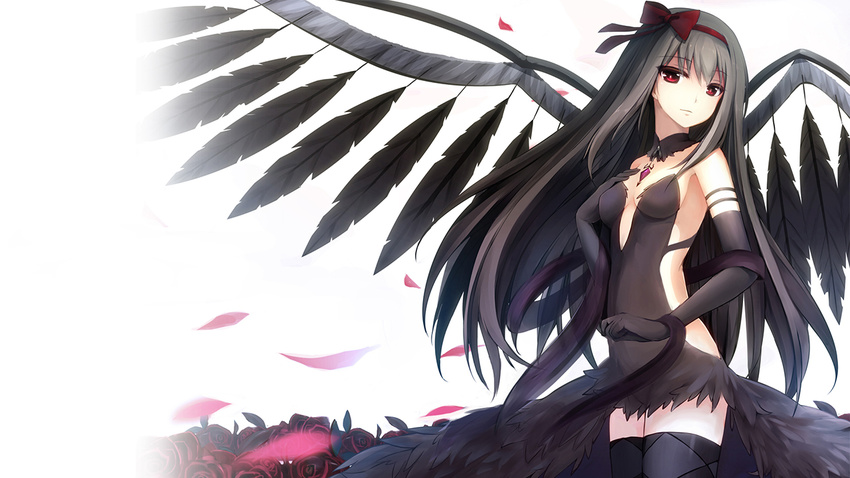 akemi_homura akuma_homura argyle argyle_legwear bangs bare_shoulders black_gloves black_hair black_scarf black_wings bow choker dress elbow_gloves feathered_wings flower gloves hair_bow hand_on_own_chest long_hair looking_at_viewer mahou_shoujo_madoka_magica mahou_shoujo_madoka_magica_movie petals red_eyes red_flower red_rose rods rose scarf simple_background solo spoilers thighhighs white_background wings zettai_ryouiki