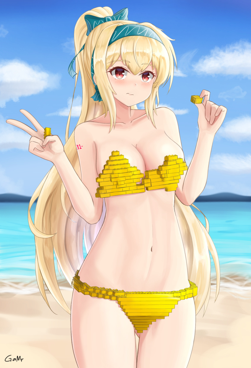 1girl beach bikini blonde_hair blush bow breasts eyebrows_visible_through_hair gamryous girls'_frontline hair_bow hairband highres holding lego lego_brick long_hair looking_at_viewer ponytail red_eyes ribbon solo sv-98_(girls'_frontline) swimsuit