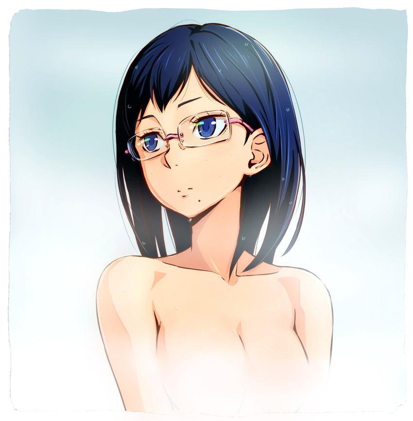 ammonio black_hair blue_eyes blue_hair breasts censored cleavage glasses haikyuu!! highres medium_breasts mole shimizu_kiyoko solo wet