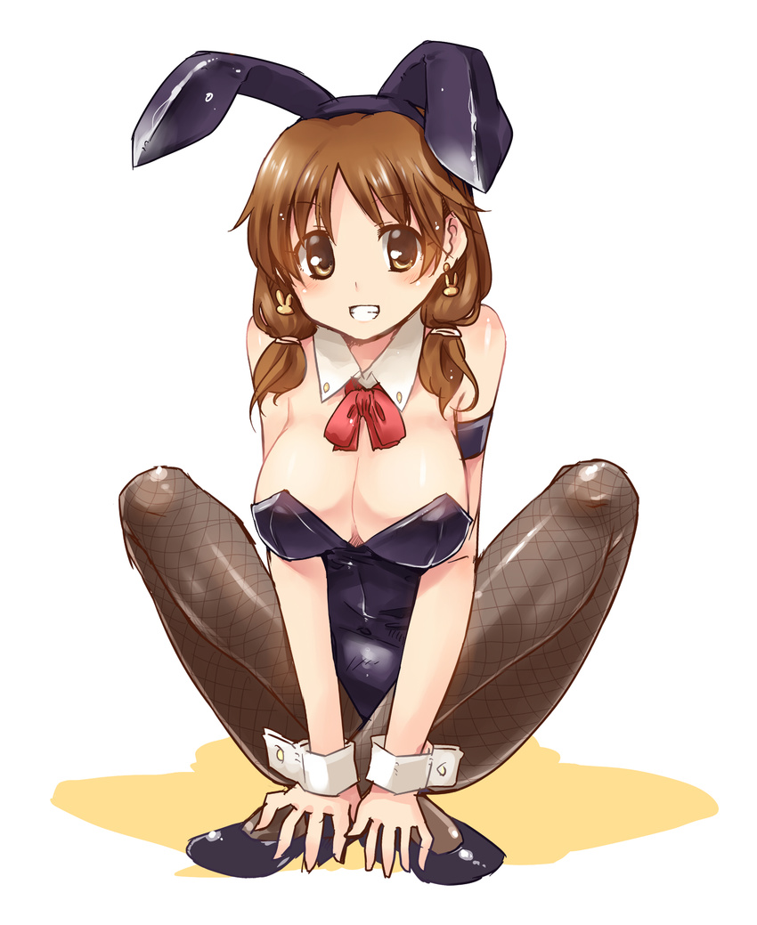 animal_ears bad_id bad_pixiv_id breasts brown_eyes brown_hair bunny_ears bunnysuit cleavage crossed_ankles detached_collar earrings fishnets full_body grin high_heels highres huge_breasts idolmaster idolmaster_cinderella_girls jewelry katagiri_sanae leotard looking_at_viewer pantyhose paopao ribbon sitting smile solo twintails white_background wrist_cuffs