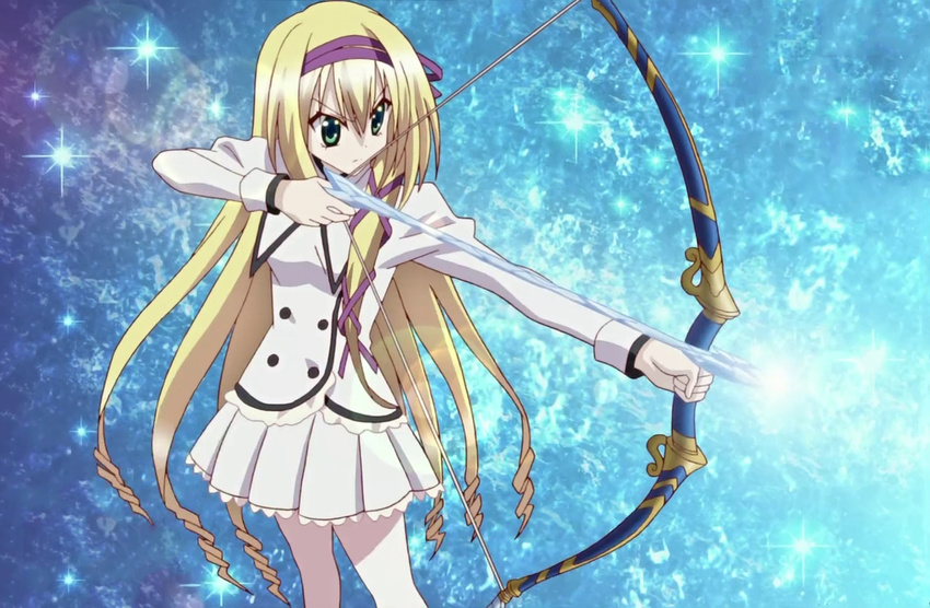 areishia_spirit_academy_uniform arrow blonde_hair bow_(weapon) green_eyes highres ice long_hair pantyhose pleated_skirt rinslet_laurenfrost school_uniform screencap seirei_tsukai_no_blade_dance skirt solo weapon white_legwear