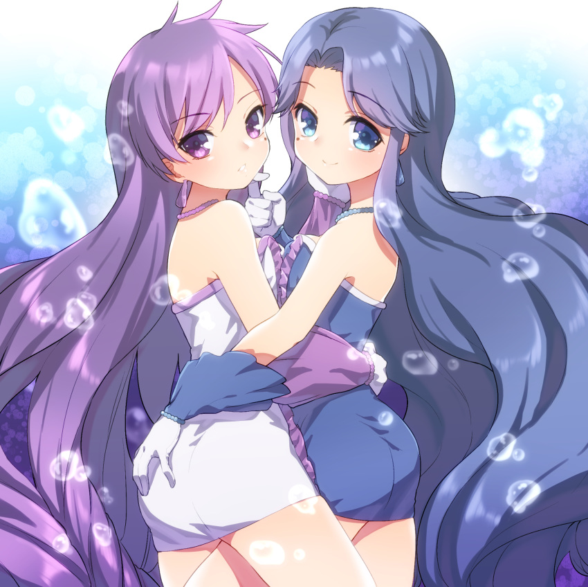 2girls air_bubble ass bangs bare_shoulders bead_necklace beads blue_dress blue_eyes blue_hair blush breast_press bubble busujima_funya caren_(mermaid_melody_pichi_pichi_pitch) closed_mouth cowboy_shot dress earrings frilled_dress frills from_side gloves hand_on_another's_face hand_on_ass highres hug jewelry leg_between_thighs long_hair looking_at_viewer mermaid_melody_pichi_pichi_pitch mole mole_under_eye multiple_girls necklace noel_(mermaid_melody_pichi_pichi_pitch) parted_bangs parted_lips purple_eyes purple_hair shell_earrings short_dress siblings sisters smile strapless strapless_dress symmetrical_docking twins very_long_hair white_dress white_gloves