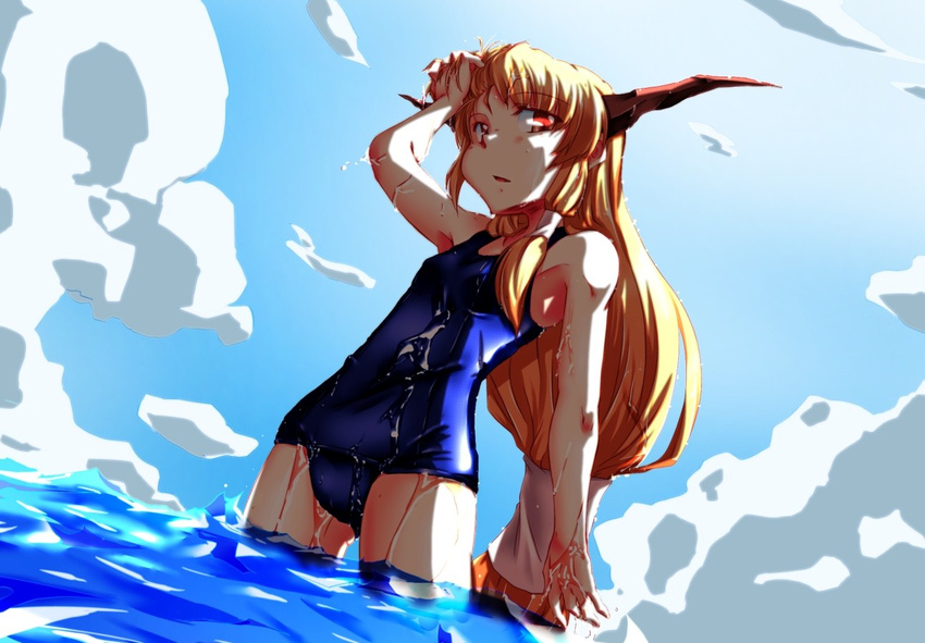 brown_eyes brown_hair cloud cowboy_shot day dutch_angle flat_chest from_below hair_ornament hair_tubes hand_on_own_head horns ibuki_suika long_hair looking_at_viewer low-tied_long_hair notice_(kou) one-piece_swimsuit parted_lips school_swimsuit shiny shiny_clothes sky solo swimsuit touhou very_long_hair wading wet