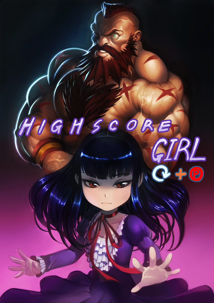 1girl absurdres age_difference beard brown_eyes brown_hair chest_hair commentary_request crazy_eyes dress facial_hair gameplay_mechanics gradient gradient_background green_eyes heewon_lee high_score_girl highres long_hair long_sleeves looking_at_viewer manly mohawk muscle oono_akira pink_background puffy_long_sleeves puffy_sleeves purple_dress red_ribbon ribbon scar size_difference standing street_fighter street_fighter_ii_(series) zangief