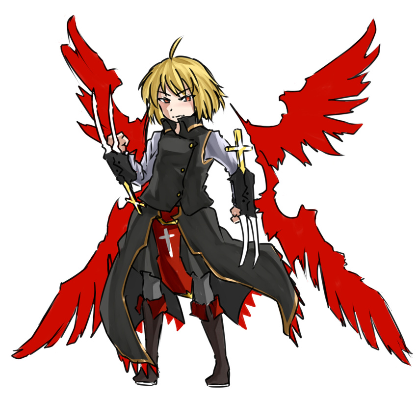adapted_costume blonde_hair claw_(weapon) cross ex-rumia fang_out mousou multiple_wings pantyhose red_eyes red_wings rumia short_hair simple_background solo touhou weapon white_background wing_collar wings