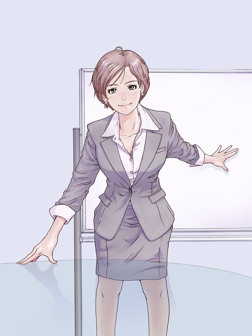 blush brown_eyes brown_hair cover cover_image earrings formal highres jacket jewelry looking_at_viewer office_lady original pencil_skirt short_hair skirt skirt_suit smile solo suit table whiteboard yoshikawa_kazunori