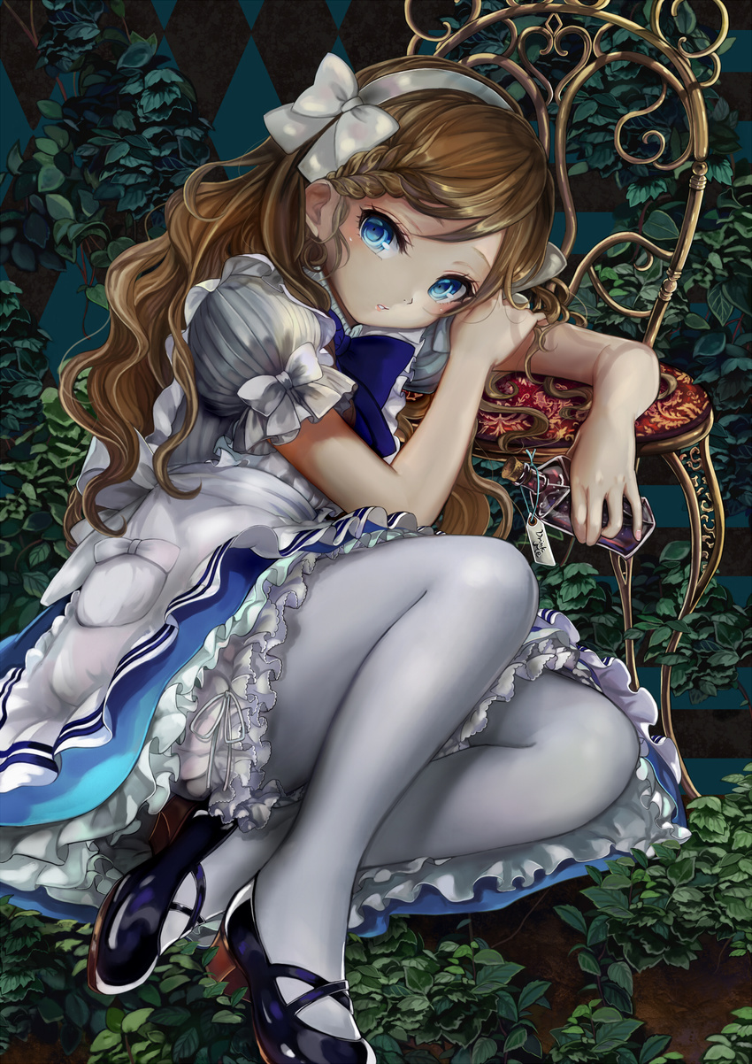 alice_(wonderland) alice_in_wonderland apron arm_support black_footwear bloomers blue_eyes bow braid chair dress flask hair_ribbon hairband highres juliet_sleeves long_hair long_sleeves mary_janes md5_mismatch pantyhose pisuke plant puffy_sleeves ribbon shoes solo thighhighs underwear vines white_bow white_legwear