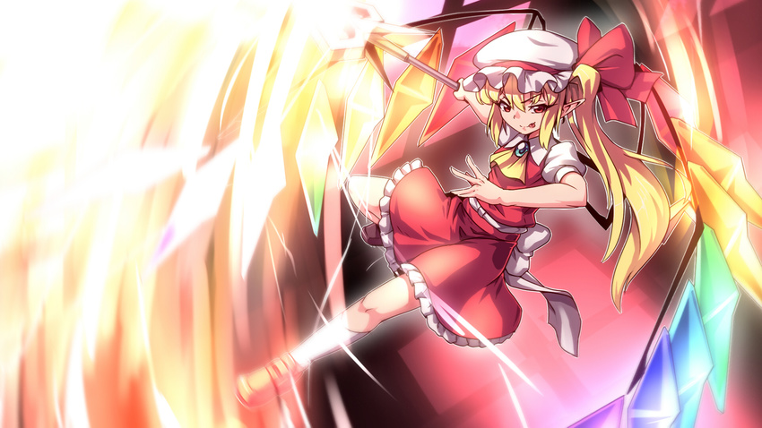 :p ascot blonde_hair bow braid flandre_scarlet hat hat_bow highres kimagure_ringo laevatein long_hair red_eyes sash side_braid solo tongue tongue_out touhou wings