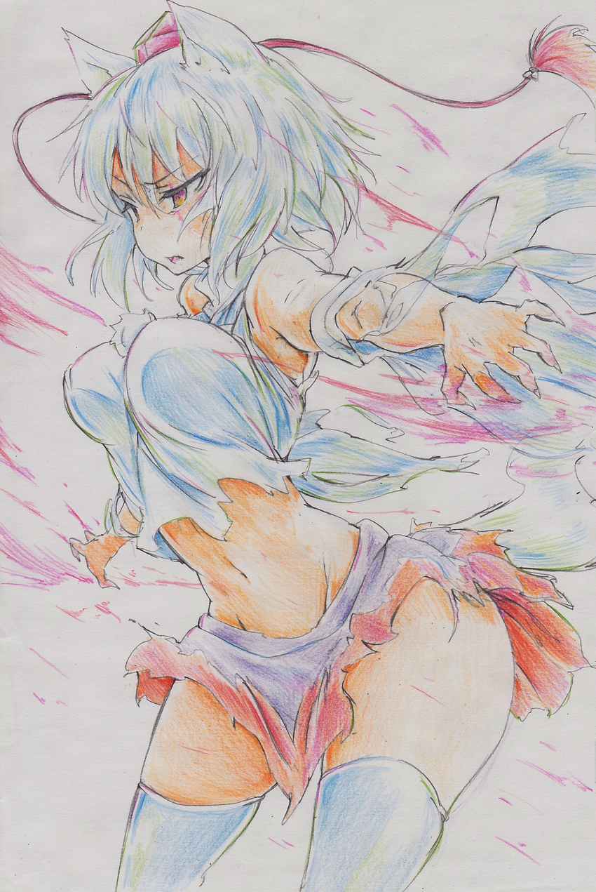 absurdres animal_ears blush breasts colored_pencil_(medium) detached_sleeves exploding_clothes hat highres inubashiri_momiji kitazinger large_breasts navel open_mouth red_eyes short_hair silver_hair skirt solo tail tokin_hat torn_clothes touhou traditional_media white_hair wolf_ears wolf_tail
