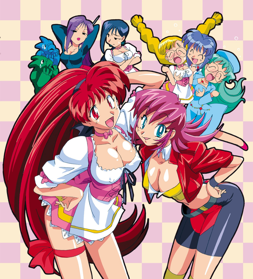 akira_(viper) aqua_eyes arms_up big_hair bike_shorts blue_hair blush braid breast_grab breasts bright_pupils checkered checkered_background cleavage closed_eyes covered_nipples crossed_arms floating_hair grabbing green_hair hairband highres jacket karin_(viper) kimura_takahiro large_breasts leaning_forward lilia_milcrabe lipstick long_hair long_legs looking_at_viewer makeup medium_breasts multiple_girls official_art open_clothes open_jacket open_mouth pink_hair purple_hair raika_grace red_eyes red_hair ribbon saki_(viper) seela_mcclegg shiny shiny_skin short_sleeves skirt thigh_ribbon twin_braids viper viper_f40 viper_v16