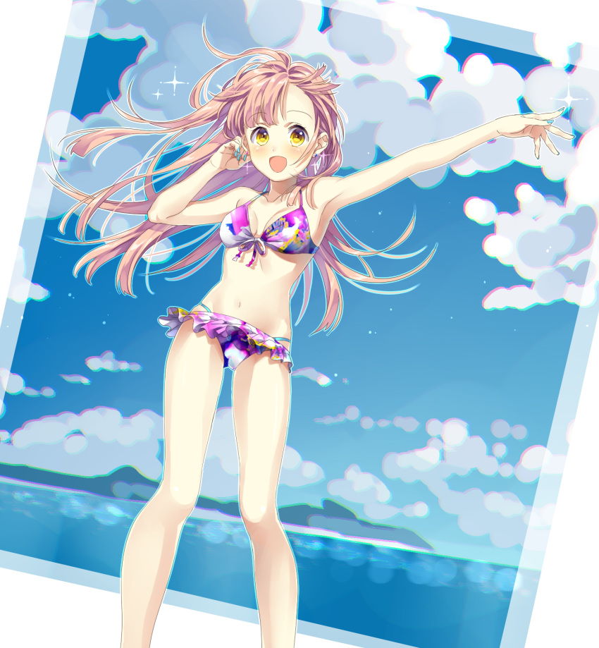 1girl :d arm_up armpits bikini blue_nails blush breasts cleavage collarbone eyebrows_visible_through_hair floating_hair frilled_bikini frills hand_in_hair highres kotori_(gokigen_iori) long_hair looking_at_viewer nail_polish open_mouth original outstretched_arm pink_hair small_breasts smile solo swimsuit yellow_eyes