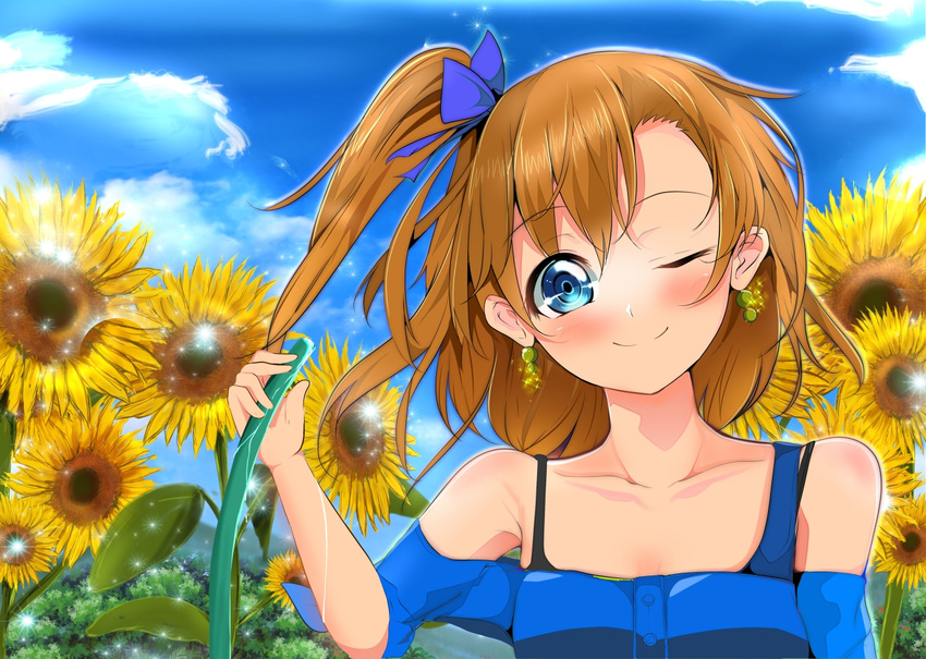 ;) bad_id bad_pixiv_id blue_eyes blush brown_hair closed_mouth cloud collarbone day earrings flower hose jewelry kousaka_honoka love_live! love_live!_school_idol_project off_shoulder one_eye_closed one_side_up portrait short_hair sky smile solo sparkle sunflower velia