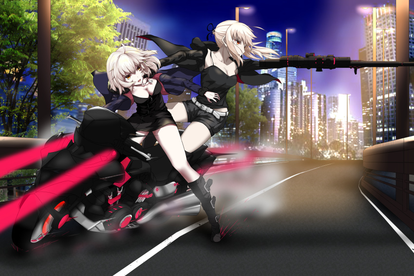 2girls absurdres artoria_pendragon_(all) belt black_dress black_footwear black_gloves black_jacket black_ribbon black_shirt black_shorts blue_jacket blue_sky boots breasts cleavage collarbone day dress fate/grand_order fate_(series) floating_hair full_body gloves ground_vehicle gun hair_ribbon highres holding holding_gun holding_weapon huge_filesize jacket jeanne_d'arc_(alter)_(fate) jeanne_d'arc_(fate)_(all) jewelry knee_boots long_hair long_sleeves medium_breasts motor_vehicle motorcycle multiple_girls necklace open_clothes open_jacket orange_eyes outdoors ponytail pyons_0408 ribbon riding rifle saber_alter shirt short_dress short_shorts shorts sidelocks silver_hair sky sleeveless sleeveless_shirt sniper_rifle weapon