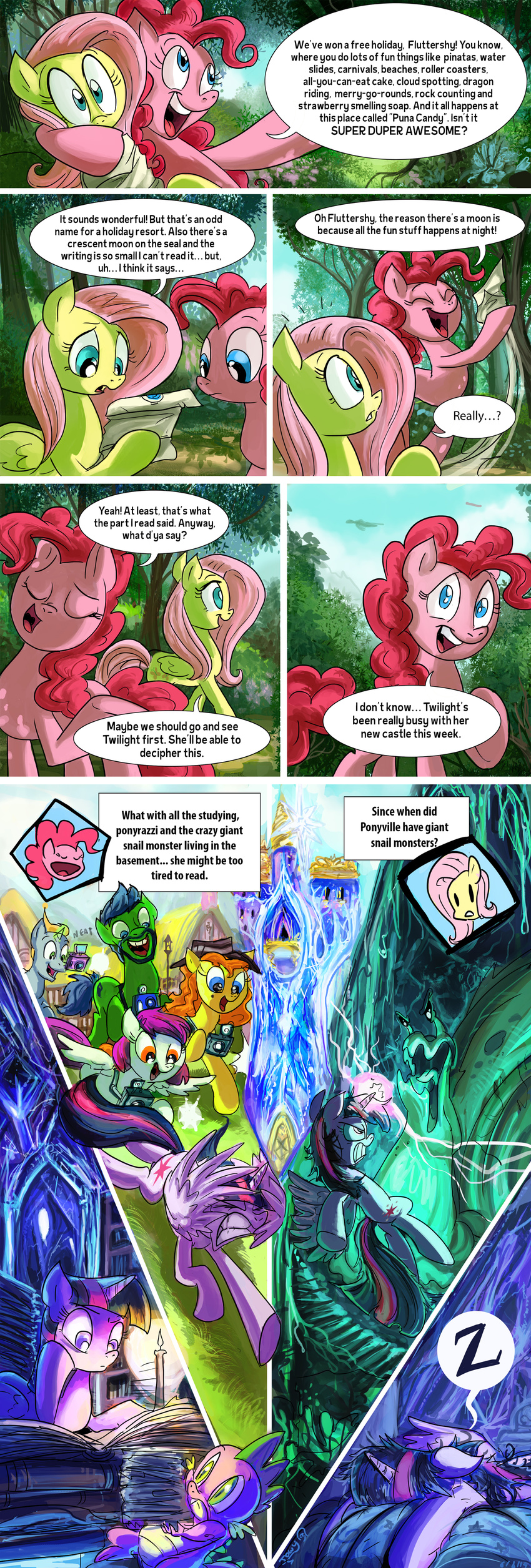 2014 blue_eyes camera candle castle dialog earth_pony electricity english_text equine female fluttershy_(mlp) forest friendship_is_magic green_eyes horn horse hug jowybean magic mammal messy_hair my_little_pony outside paper pegasus pinkie_pie_(mlp) pony reading sleeping slit_pupils slug spike_(mlp) text tourist tree twilight_sparkle_(mlp) winged_unicorn wings