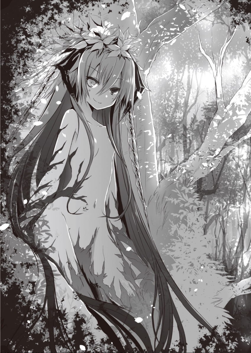 1girl breasts collarbone corset eyebrows_visible_through_hair greyscale hair_between_eyes hair_censor hair_over_breasts heterochromia highres looking_at_viewer monochrome navel novel_illustration nude official_art outdoors seirei_tsukai_no_blade_dance shimesaba_kohada small_breasts smile solo standing sweatdrop