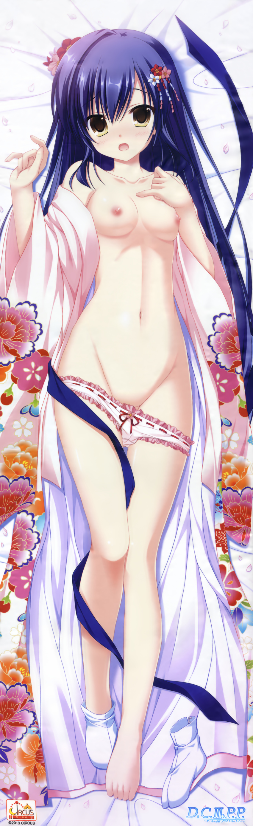 absurdres barefoot blue_hair bow bow_panties breasts da_capo da_capo_iii dakimakura floral_print flower frilled_panties frills groin hair_flower hair_ornament hand_on_own_chest highres huge_filesize japanese_clothes kimono legs long_hair navel nipples open_clothes open_kimono panties panty_pull petals pink_panties ribbon ribbon-trimmed_underwear ribbon_trim rukawa_sara single_sock small_breasts socks solo tabi takano_yuki_(allegro_mistic) underwear yellow_eyes