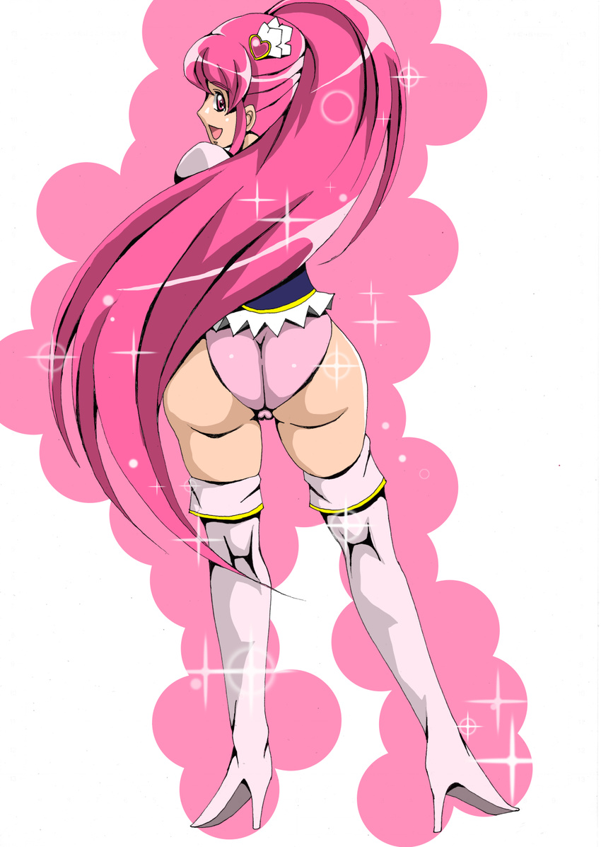 1girl aino_megumi ass boots cure_lovely female from_behind hair_ornament hairpin happinesscharge_precure! high_heel_boots high_heels huge_ass long_hair looking_back magical_girl no_pants open_mouth panties pink_eyes pink_hair pink_panties ponytail precure satokapu smile solo standing thigh_boots thighhighs underwear very_long_hair