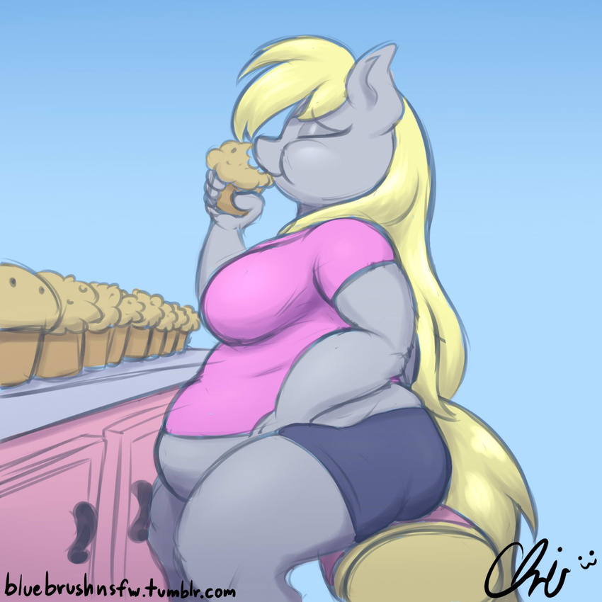 2014 anthro anthrofied blonde_hair blue_background chubby clothing crispychris derpy_hooves_(mlp) equine eyes_closed female food friendship_is_magic fur grey_fur hair holding mammal muffin my_little_pony plain_background sitting solo