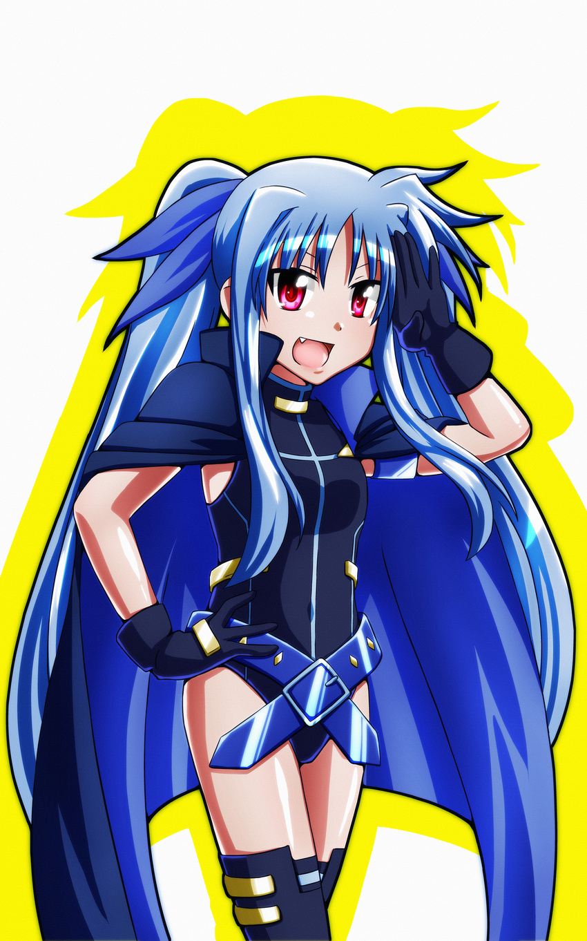 :d absurdres bangs belt black_gloves black_legwear blue_hair cape covered_navel cowboy_shot fang flat_chest gloves hair_ribbon hand_on_hip happy highres leotard long_hair looking_at_viewer loose_belt lyrical_nanoha magical_girl mahou_shoujo_lyrical_nanoha mahou_shoujo_lyrical_nanoha_a's mahou_shoujo_lyrical_nanoha_a's_portable:_the_battle_of_aces material-l open_mouth outline parted_bangs red_eyes ribbon salute sidelocks simple_background smile solo standing tappa_(esperanza) thighhighs turtleneck twintails very_long_hair white_background