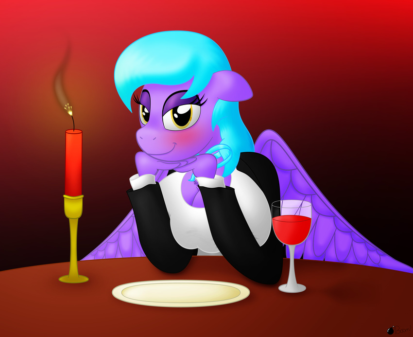 alcohol anthro beverage blue_hair blush breasts candle chest_tuft clothing equine female friendship_is_magic fur hair horse looking_at_viewer mammal my_little_pony original_character pony ponyboom ribbons smile smirk solo tuft wine wings yellow_eyes