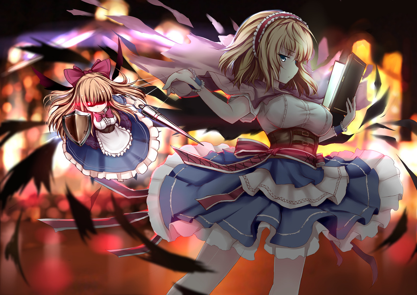 alice_margatroid blonde_hair blue_eyes book brown_hair cape doll_joints glowing glowing_eyes hair_ribbon hairband highres lance polearm red_eyes ribbon shanghai_doll shield touhou weapon wristband zheyi_parker