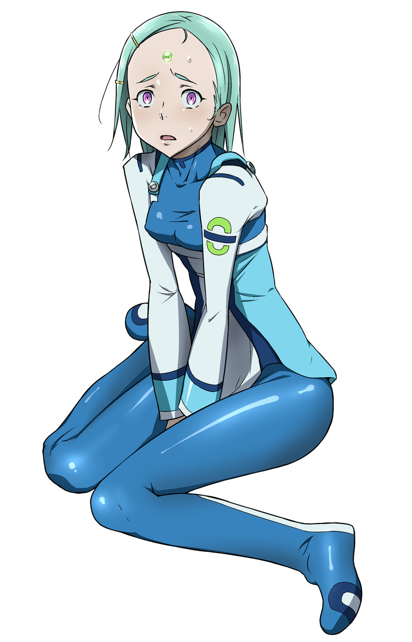 1girl bodysuit breasts eureka eureka_seven_(series) eureka_seven_ao green_hair highres ice_place legs looking_at_viewer open_mouth purple_eyes simple_background sitting small_breasts solo sweat thighs white_background