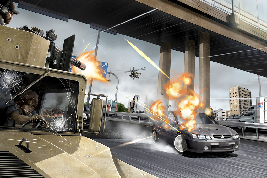 2boys absurdres arabic battle bullet_hole car drifting driving english eotech firing gatling_gun ground_vehicle gun highres highway holden holden_commodore humvee mi-28 minigun motor_vehicle multiple_boys original taka-man weapon