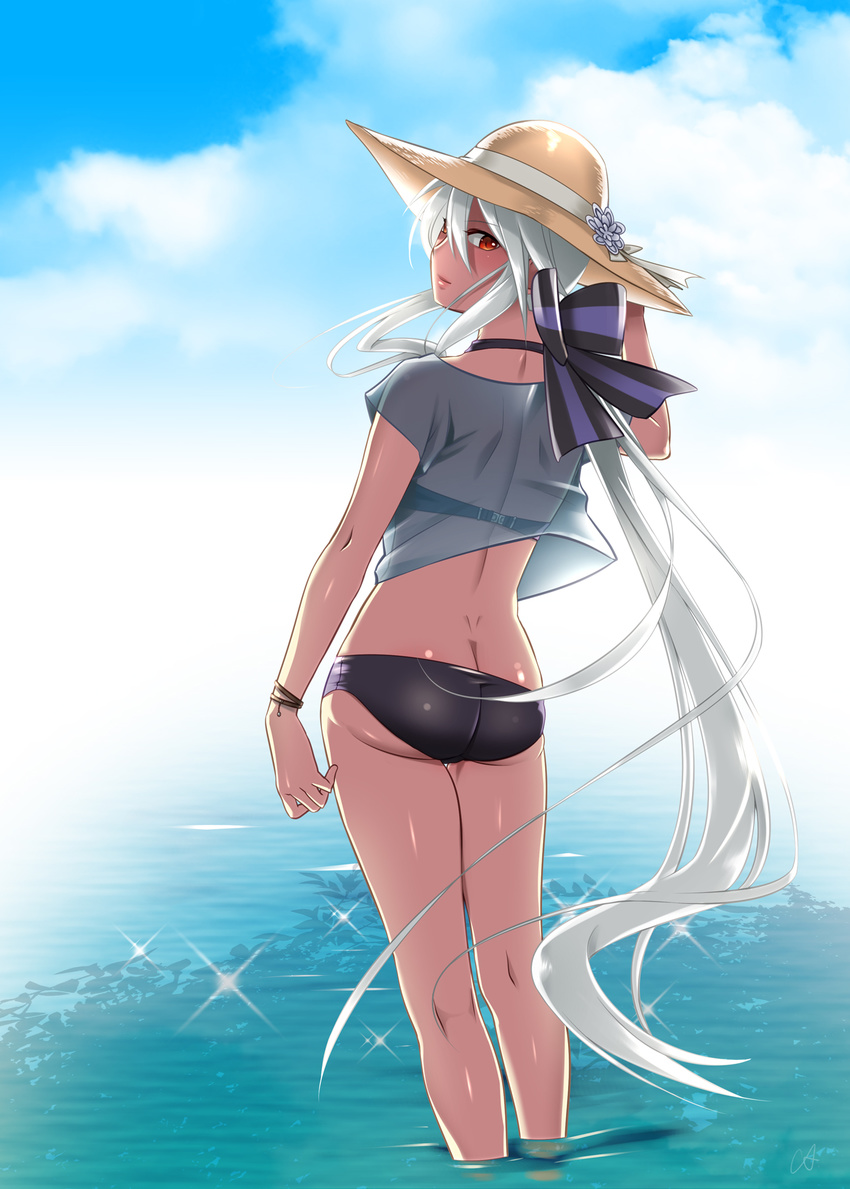 ass bikini butt_crack caffein crop_top crop_top_overhang hat highres long_hair looking_back md5_mismatch parted_lips ponytail red_eyes see-through silver_hair solo swimsuit thigh_gap very_long_hair vocaloid voyakiloid wading yowane_haku