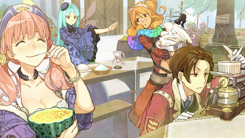 3girls atelier_(series) atelier_shallie blue_hair blush bowl bracelet brown_hair choker closed_eyes coat eating escha_malier expressionless food food_on_face fruit fruit_cup gloves green_eyes half_updo hat hidari_(left_side) jewelry jurie_crotze long_hair multicolored multicolored_clothes multicolored_scarf multiple_girls necktie odelia_(atelier) official_art orange_hair pink_hair scarf short_hair sleeves_past_wrists smile solle_grumman table tasting twintails uniform winding_key wings