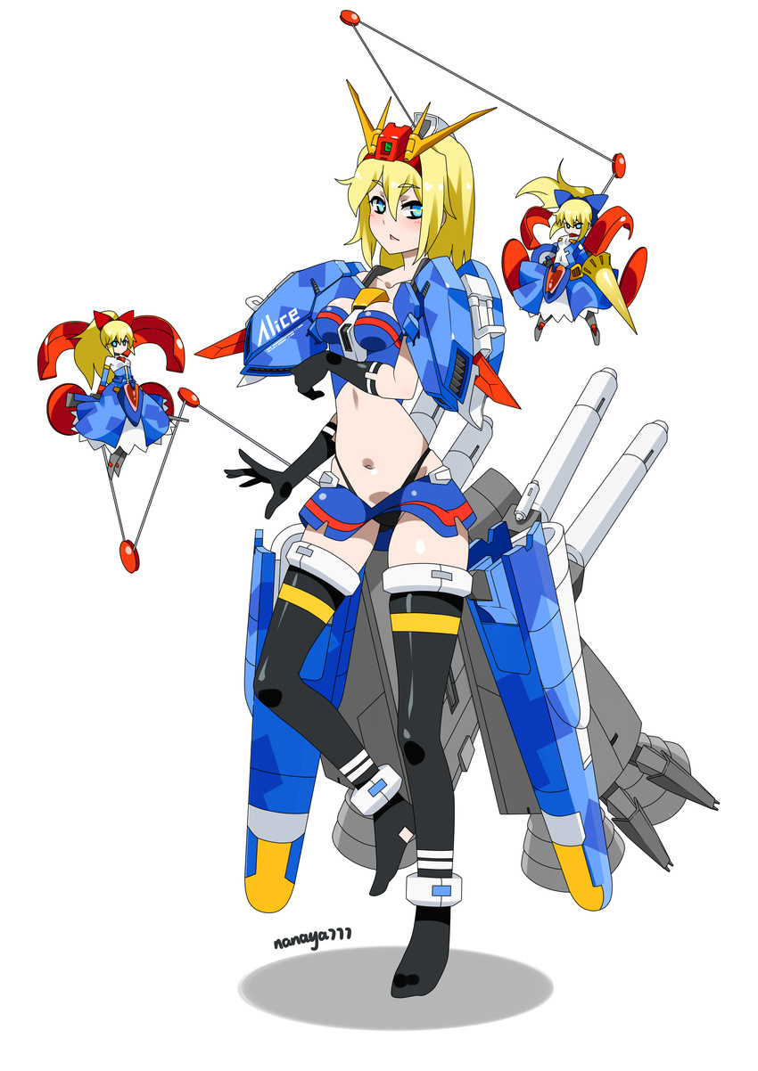 absurdres alice_margatroid blonde_hair blue_eyes breasts doll dress ex-s_gundam gundam gundam_sentinel highres lance large_breasts long_hair matching_shanghai mecha mecha_musume multiple_girls nanaya777 polearm shanghai_doll short_hair touhou weapon