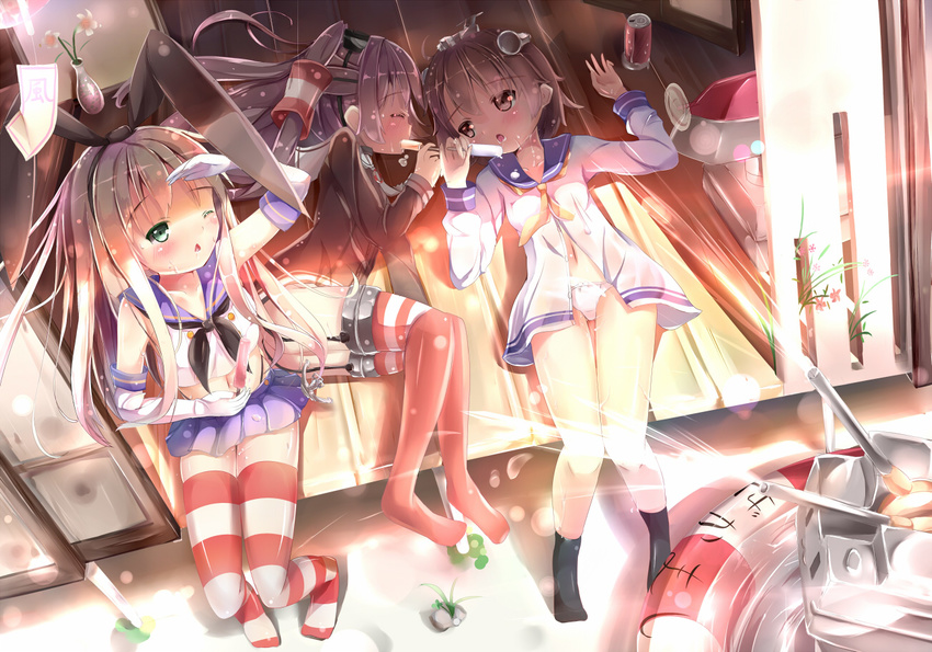 :3 :o amatsukaze_(kantai_collection) black_panties blonde_hair blush brown_eyes brown_hair can chestnut_mouth closed_eyes crop_top dress elbow_gloves food garter_straps gloves green_eyes hair_ribbon hair_tubes highleg highleg_panties innertube kantai_collection long_hair lying microskirt multiple_girls na!?_(naxtuyasai) navel neckerchief on_back on_bed on_side one_eye_closed panties popsicle rensouhou-chan ribbon sexually_suggestive shimakaze_(kantai_collection) short_hair silver_hair sitting sitting_on_bed skirt striped striped_legwear thighhighs two_side_up underwear white_dress white_gloves white_panties yukikaze_(kantai_collection) ||_||
