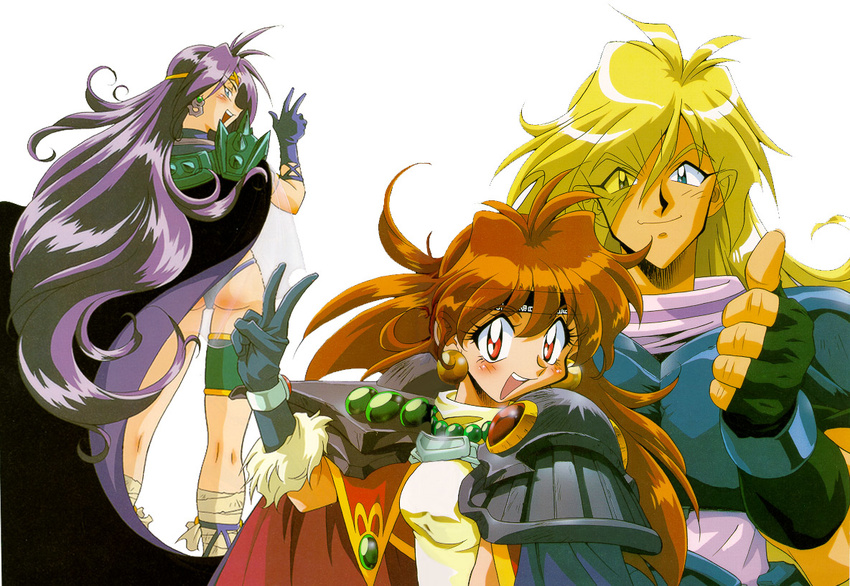 2girls 90s araizumi_rui armlet armor ass bandages blonde_hair blue_eyes blush cape circlet earrings fingerless_gloves fur gloves gourry_gabriev jewelry kneepits legs lina_inverse long_hair looking_back multiple_girls naga_the_serpent orange_hair purple_hair red_eyes see-through slayers thigh_strap turtleneck v very_long_hair