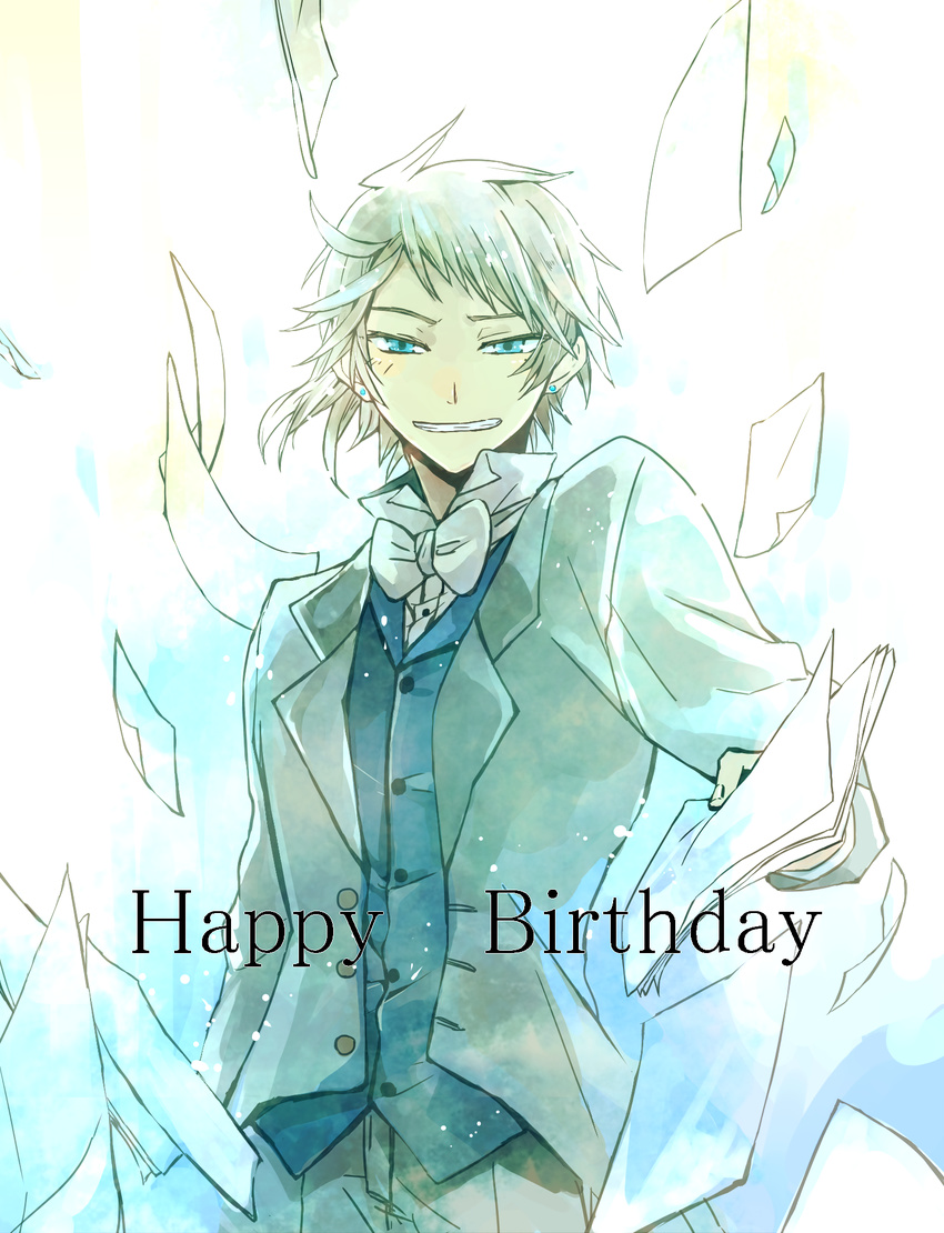 bad_id bad_pixiv_id birthday blue_eyes blush elliot_nightray flying_paper formal grey_hair highres male_focus necktie open_mouth pandora_hearts paper smile solo suit vest