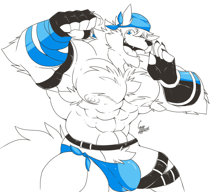 anthro bandanna bulge canine clothing daikitei looking_at_viewer male mammal muscular muscular_male open_mouth pecs pubes smile solo standing underwear