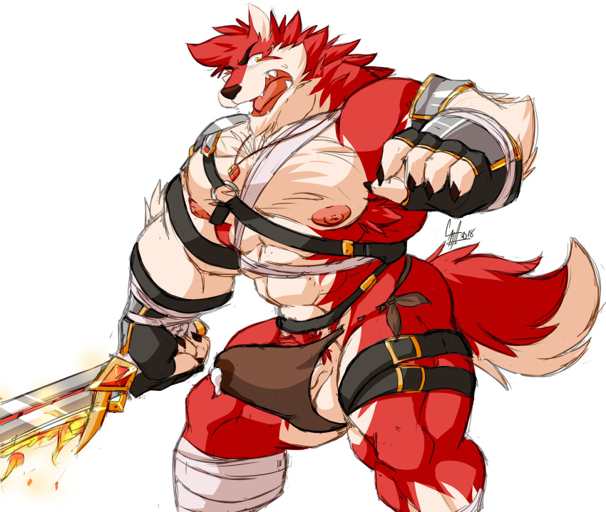 anthro balls canine clothing daikitei erection erection_under_clothes male mammal melee_weapon muscular muscular_male open_mouth precum_through_clothing pubes solo standing sword underwear vein weapon