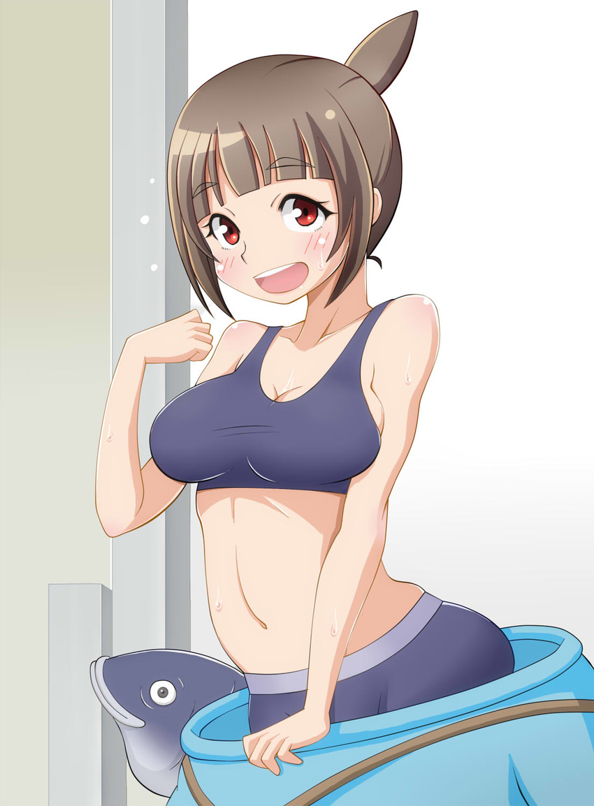 abu-san_(abuno) bike_shorts commentary_request futsuu_no_joshikousei_ga_locodol_yattemita highres midriff mikoze_yui navel short_hair solo sports_bra sweat