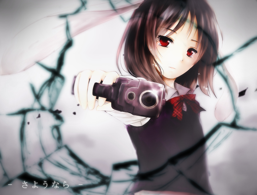 aiming_at_viewer black_hair broken_glass crying crying_with_eyes_open firing_at_viewer fourth_wall gangsta_hold glass glock gun handgun highres lin_(laam226) neckerchief original red_eyes school_uniform solo tears translated weapon