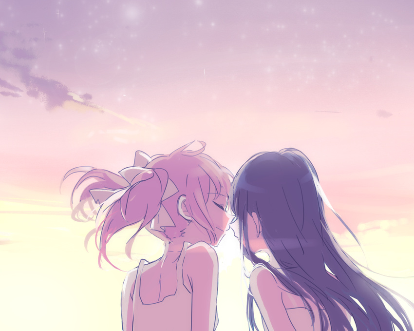 akemi_homura black_hair closed_eyes hair_ribbon imminent_kiss kaname_madoka long_hair mahou_shoujo_madoka_magica multiple_girls pink_hair ribbon short_hair yuri zgxuke