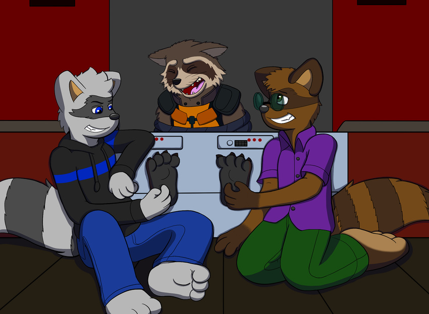 bound chaos99 eyewear glasses hindpaw laugh mammal paws raccoon rocket_raccoon tickling