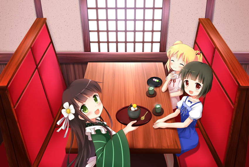 :d ^_^ alice_cartelet ama_usa_an_uniform apron bangs blonde_hair blue_dress blunt_bangs blush brown_eyes brown_hair closed_eyes company_connection crossover cup dango dress flower food frilled_shirt frills from_above gochuumon_wa_usagi_desu_ka? green_eyes hair_flower hair_ornament highres japanese_clothes kin-iro_mosaic long_hair looking_at_viewer looking_up manga_time_kirara multiple_girls oomiya_shinobu open_mouth restaurant sanshoku_dango shirt short_hair skewer smile tray twintails ujimatsu_chiya wa_maid wagashi yunomi yuyumi_(yuurei)