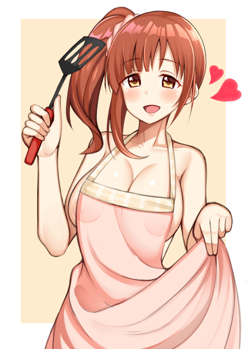 1girl absurdres apron apron_lift areola_slip areolae bangs bare_shoulders blunt_bangs blush bow breasts brown_eyes brown_hair collarbone eyebrows_visible_through_hair h3po4_chiba hair_bow hair_ornament hair_scrunchie heart highres idolmaster idolmaster_cinderella_girls igarashi_kyouko large_areolae large_breasts lifted_by_self long_hair looking_at_viewer naked_apron nipples one_side_up open_mouth pink_lips puffy_nipples scrunchie shiny shiny_skin side_ponytail sideboob spoken_heart upper_body