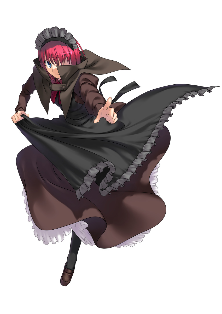 absurdres apron bangs black_legwear blue_eyes bow bowtie brainwasher_detective detective dress full_body high_collar highres hisui loafers long_sleeves maid maid_headdress pointing red_hair shoes short_hair solo takeuchi_takashi transparent_background tsukihime