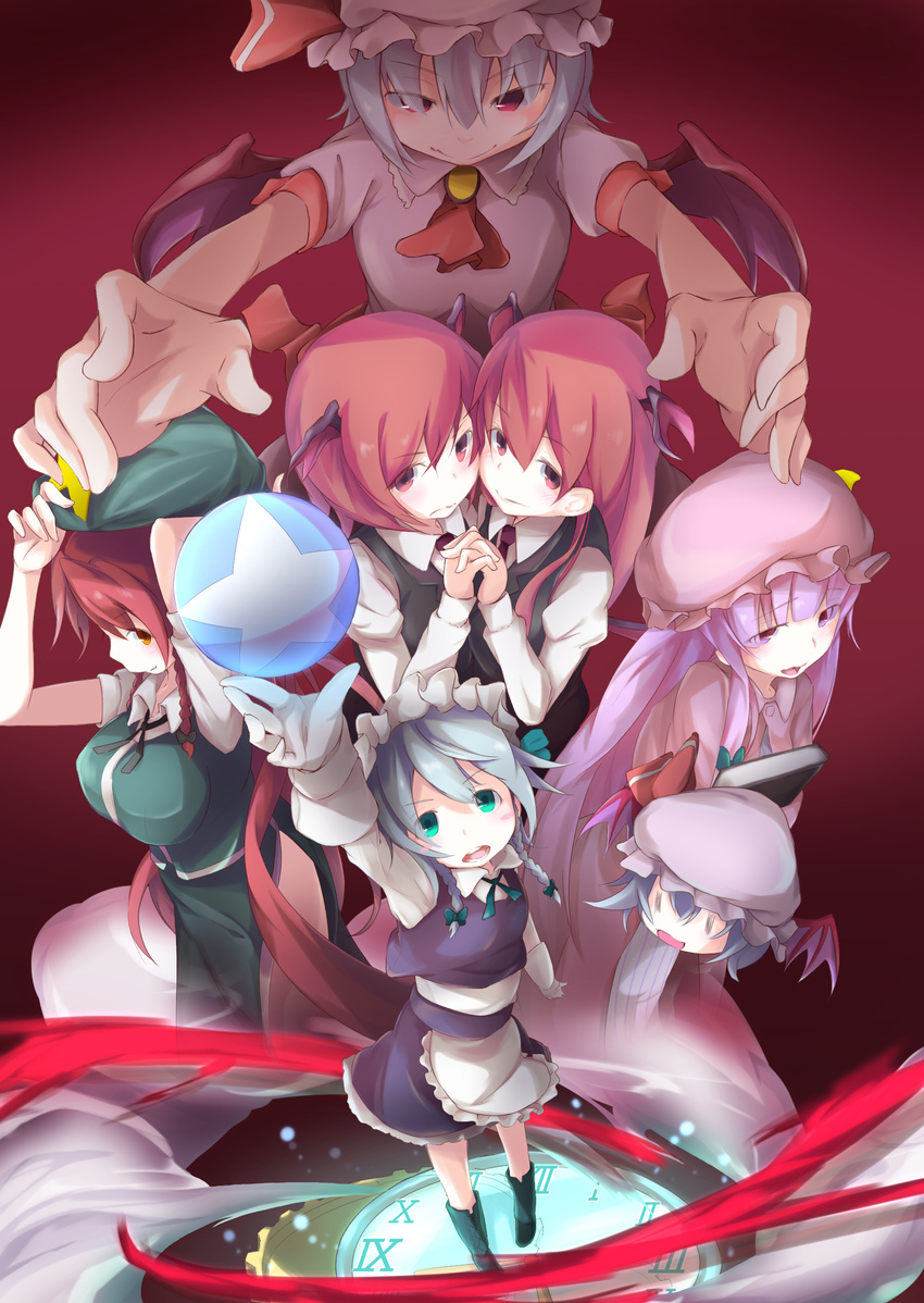 alternate_eye_color arm_up ball bat_wings blue_eyes blush book bow braid breasts brooch clock dual_persona from_above gears gloves hat hat_ribbon head_wings highres hong_meiling interlocked_fingers izayoi_sakuya jewelry koakuma koshinaka-zz large_breasts lavender_hair long_hair maid maid_headdress mob_cap multiple_girls open_mouth pants patchouli_knowledge purple_eyes purple_hair red_background red_bow red_eyes red_hair red_ribbon remilia_scarlet ribbon short_hair short_sleeves silver_hair skirt smile touhou twin_braids wings yukkuri_shiteitte_ne ||_||