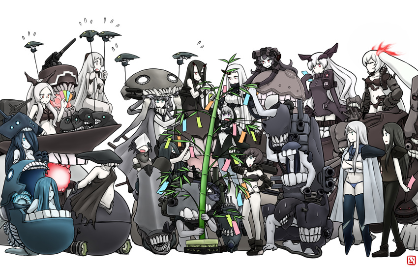 :3 ^_^ airfield_hime anchorage_oni aqua_eyes arm_guards armored_aircraft_carrier_oni arms_behind_back bamboo bare_shoulders battleship_hime bikini black_bikini black_dress black_hair bodysuit bonnet cannon cape carrying chi-class_torpedo_cruiser closed_eyes crop_top crossed_arms dress elbow_gloves enemy_aircraft_(kantai_collection) floating_fortress_(kantai_collection) gauntlets gloves gothic_lolita ha-class_destroyer hair_between_eyes hair_over_one_eye hamu_koutarou hand_on_hip hat he-class_light_cruiser headgear high_ponytail highres ho-class_light_cruiser holding hood hoodie horn horns i-class_destroyer isolated_island_oni jacket ka-class_submarine kantai_collection lolita_fashion long_hair long_ponytail mask monster_girl multiple_girls neckerchief ni-class_destroyer nu-class_light_aircraft_carrier o-ring o-ring_top open_clothes open_jacket overskirt pale_skin ponytail re-class_battleship red_eyes ri-class_heavy_cruiser ro-class_destroyer ru-class_battleship scarf school_uniform seaport_hime serafuku shinkaisei-kan short_dress short_hair shoulder_carry sitting sitting_on_person smile so-class_submarine southern_ocean_war_oni strapless striped striped_scarf sweat swimsuit ta-class_battleship tanabata tanzaku thighhighs to-class_light_cruiser tubetop turret twintails tying unzipped wa-class_transport_ship white_background white_hair wo-class_aircraft_carrier yo-class_submarine zettai_ryouiki